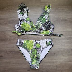3 Piece Swimsuit Bikini Tropical Ruffle